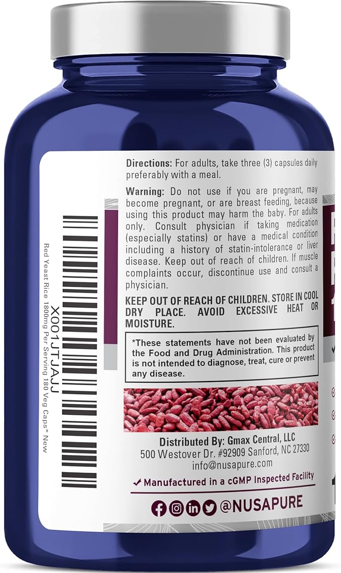 NusaPure Red Yeast Rice 1800mg 180 Veggie Capsules (Non-GMO Vegan)