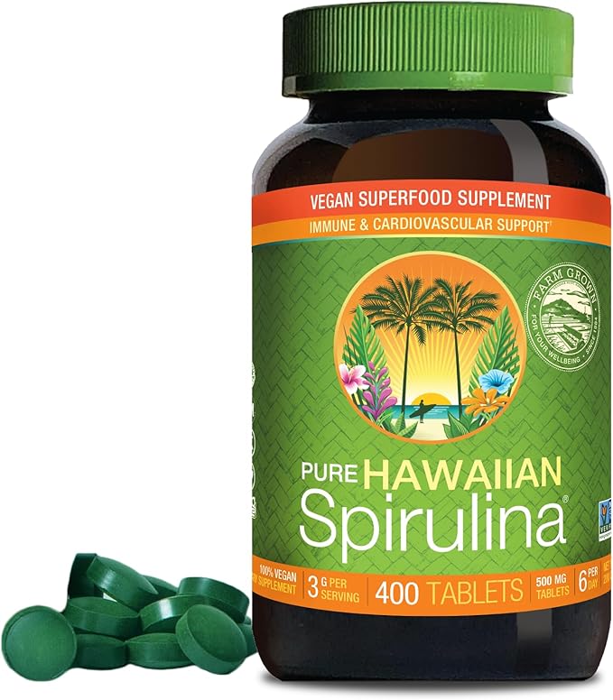 Nutrex Hawaii Pure Hawaiian Spirulina – Vegan Superfood 500 mg Tablets Farm Grown in Kona Non-GMO Immune Support &amp Cellular Energy 400 Count