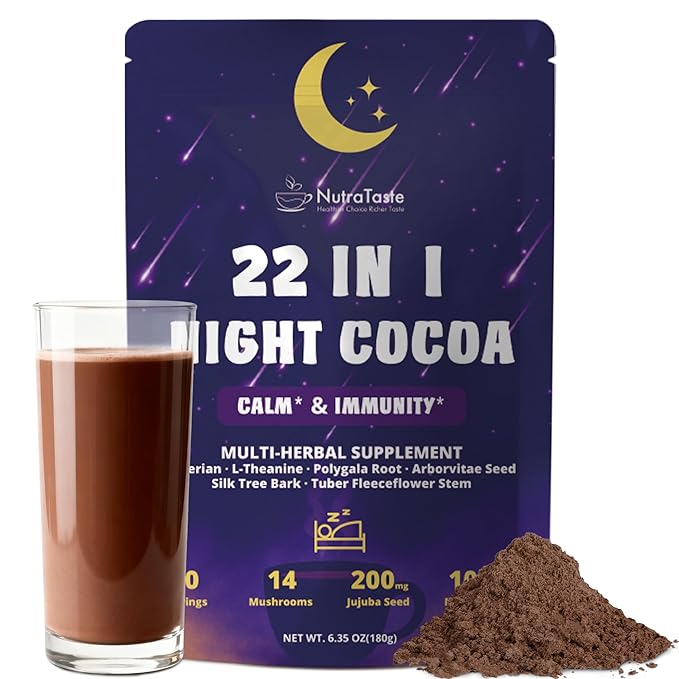 Mushroom Hot Cocoa Melatonin-Free Natural Herbal Sleep Powder with Jujube Seed Magnesium Glycinate GABA L-Theanine &amp 14 Mushroom Extracts | Calm Relaxation &amp Immune | hot chocolate 30 Se