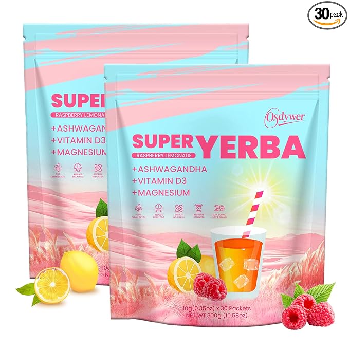 Super Yerba Packets - Yerba Mate Instant Tea Powder 3-in-1 Super Drink Mix for GutHealth Raspberry Lemonade Flavor Energy Boost &amp Focus-30 Servings(2)