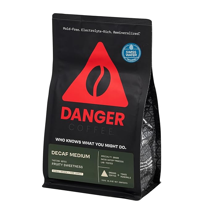 Danger Coffee by Dave Asprey Remineralized Mold Free &amp Lab Tested Swiss Water Decaf Ground Coffee Medium Roast Decaffeinated 10.9 Ounce