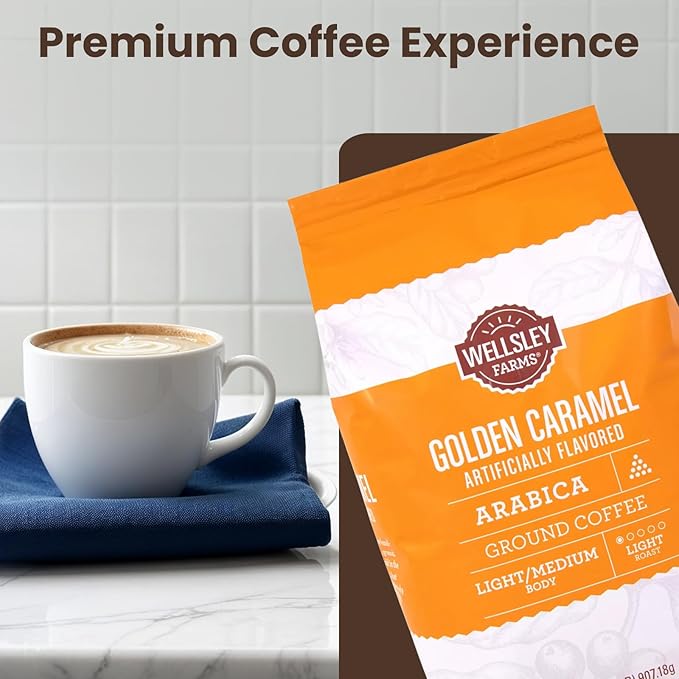 Wellsley Farms Golden Caramel Ground Coffee - 100% Arabica Light Roast - Non GMO Low Carb and Low Sodium - Flavoured Coffee for Home and Office - Smooth Caramel Coffee Taste - 32 oz Resealable Bag