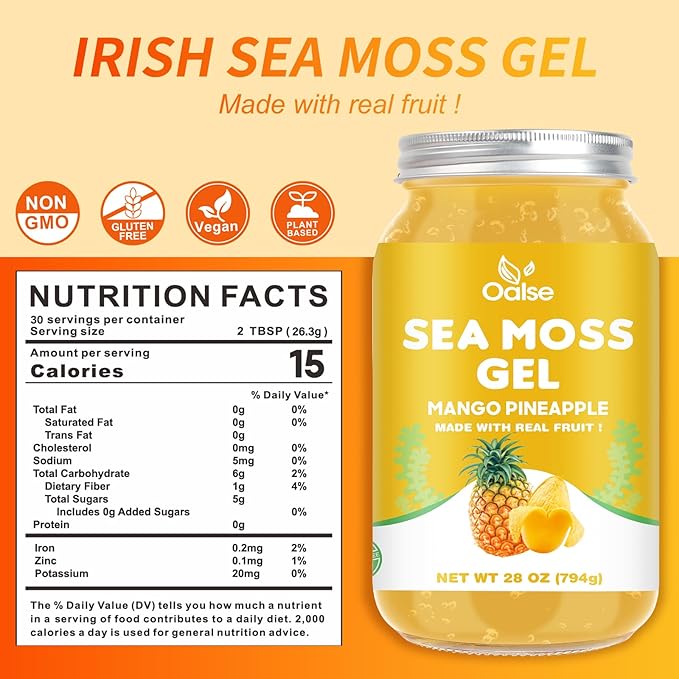 (28OZ Irish Sea Moss Gel Mango Pineapple Flavor - Natural Seamoss Gel with 92 Minerals and Vitamins - Non-GMO Gluten-Free Vegan - Immune Support