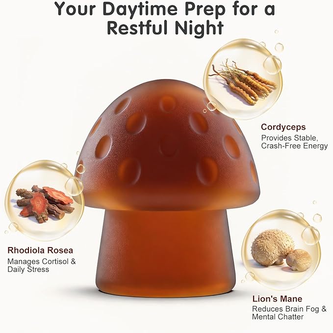 Mushroom Gummies Supplement for Sleep and Energy with Ashwagandha &amp Lion's Mane Day &amp Night RoutineElderberry Flavor No Sugar (30-Day Supply)