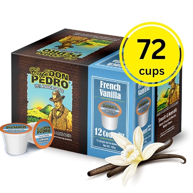 Cafe Don Pedro French Vanilla Low Acid Coffee Pods 100% Arabica K Cups Naturally Low Acid Coffee K Cups Battles Heartburn and Acidic Reflux 72 Cups Compatible with K-cup Coffee Maker