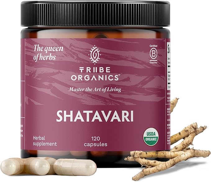 TRIBE ORGANICS Organic Shatavari Herbal Supplement - Hormonal Balance | Women’s Reproductive Health | Lactation | Immune &amp Inflammatory Support - Non-GMO USDA Organic 120 Vegan Capsules