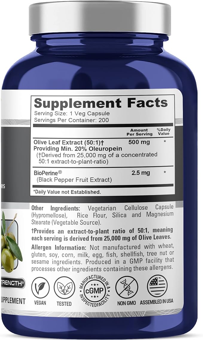 NusaPure Olive Leaf 20% Oleuropein 50:1 Extract 500 mg Equivalent to 25000 mg 200 Veg Caps Suitable for Vegetarians and Vegans Non-GMO