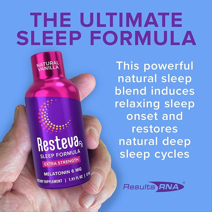 Results RNA Resteva Rx Sleep Aid: Delicious Fast-Acting Liquid Formula. Relaxing Mind &amp Body Promoting deep Sleep. Wake Refreshed with no Grogginess. Naturally sweetened 12 Pack