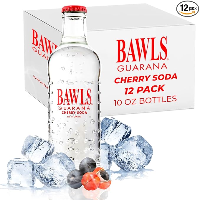BAWLS Guarana Cherry BAWLS Guarana Drink Guarana Soda Guarana Fueled Soda for Energy High Energy Caffeinated Drink 10oz 12 Pack Glass Bottles