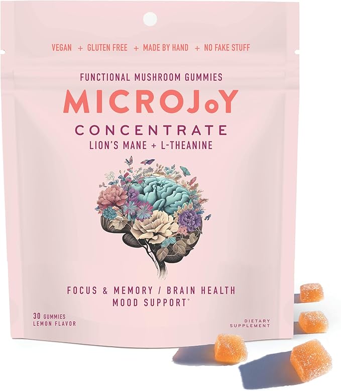 Microjoy Concentrate Gummies – Focus Memory Brain Health &amp Mood Support Supplement – Vegan Non-GMO Gluten-Free - Lemon Flavor (30 Servings)