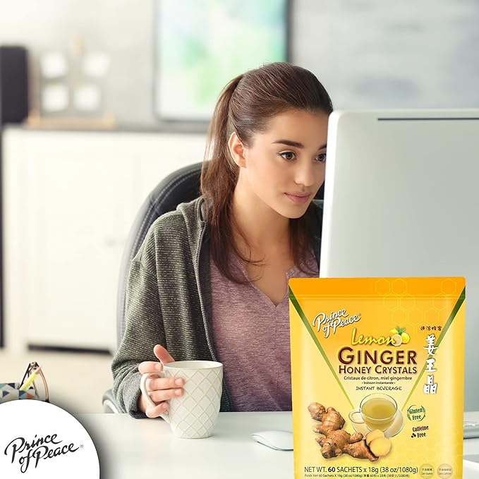 Prince of Peace Instant Ginger Honey Crystals with Lemon 60 Sachets – Instant Hot or Cold Beverage – Easy to Brew – Drink Like a Tea – Caffeine and Gluten Free – Real Ginger