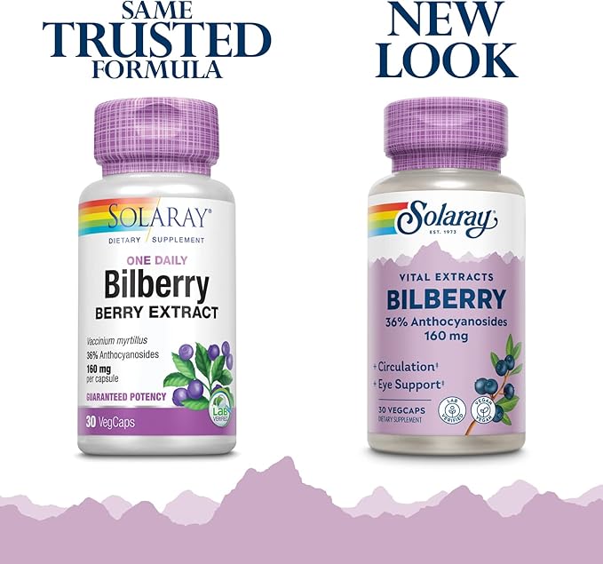 SOLARAY Bilberry Extract 160 mg Eye Health &amp Circulation Support 36% Anthocyanosides Plus Blueberry Vegan 30 VegCaps