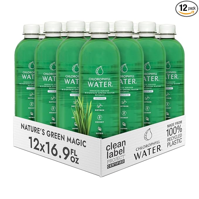 Chlorophyll Water (12-pack) Liquid Chlorophyll Drops in Purified Water Bottles For Glowing Skin Energy and Detox Vitamins A B12 C D3 Clean Label Certified Plant-Based Vitamin Water (16.9oz)
