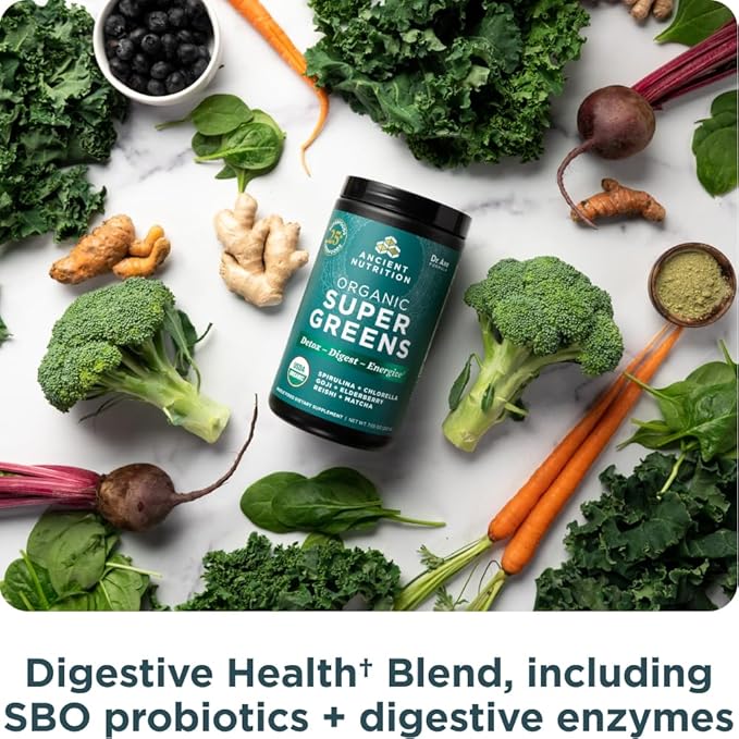 Ancient Nutrition Super Greens Powder Organic Superfood Powder with Probiotics Made with Spirulina Chlorella Matcha and Digestive Enzymes 25 Servings 7.05oz