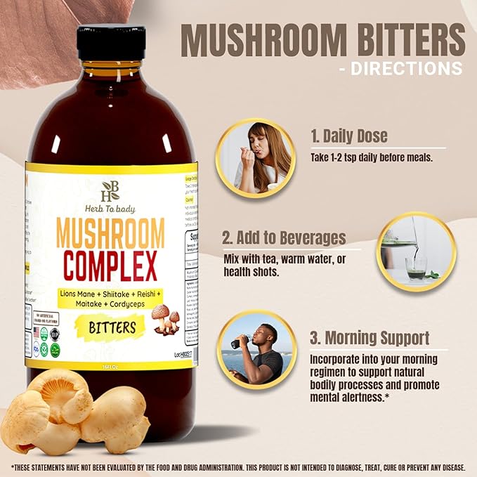 Herb to Body Mushroom Bitters Liquid Herbal Mushroom Blend - Non-GMO Gluten-Free &amp Vegan Perfect for Culinary Creations &amp Herbal Blends Wildcrafted 16 fl oz