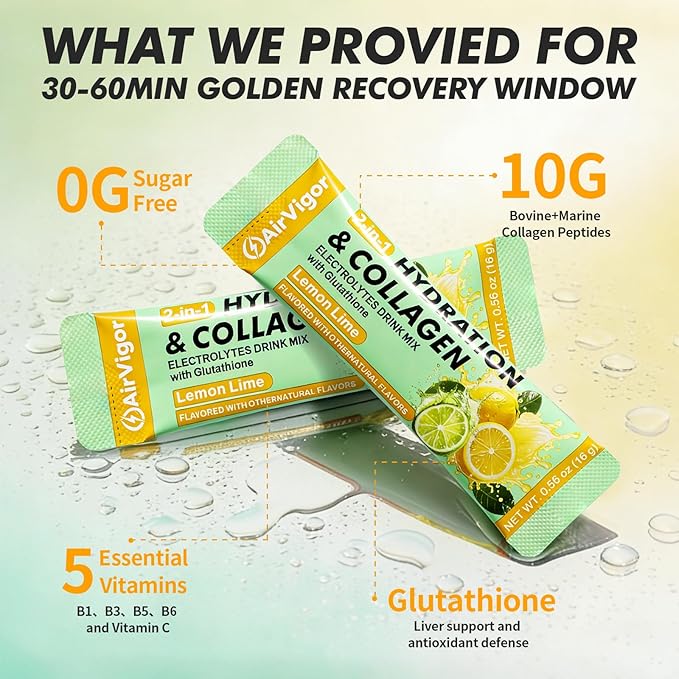 Electrolyte Collagen Powder Packets 10g Collagen Protein Drink Mix for Hydration Recovery Zero Sugar 2-in-1 Post Workout Rehydration Joint Skin Muscle Support 5 Vitamins Lemon Lime