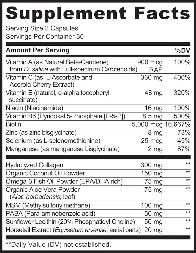 NATURELO Hair Skin and Nails Vitamins - 5000 mcg Biotin Collagen Natural Vitamin E - Supplement for Healthy Skin Hair Growth for Women and Men – 60 Capsules