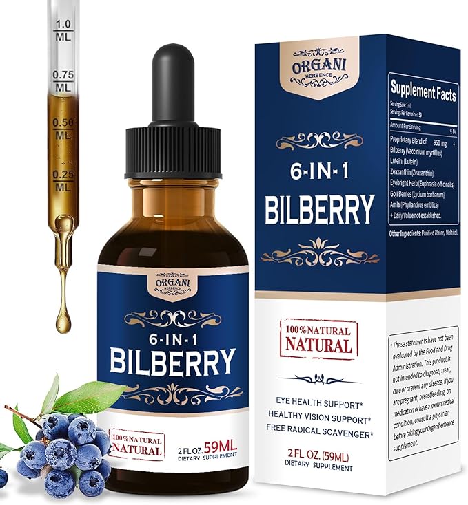 Bilberry Extract Supplement for Eye Health 6-in-1 Herbal Formula Liquid Drops to Support Eye Strain Dry Eyes and Vision Health Blend with Lutein Zeaxanthin &amp Eyebright Herb. 2oz