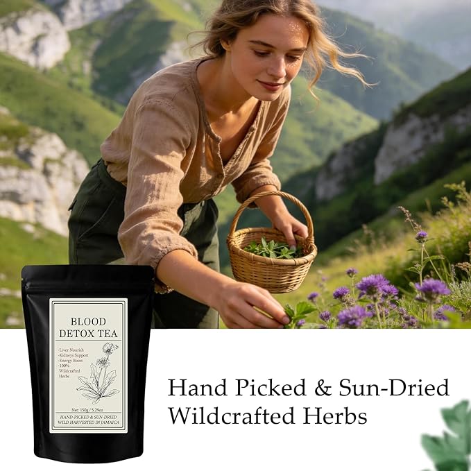 30 Bags Jamaican Healing Garden Blood Detox Tea Chef Tijani Blood Detox Tea Hand Picked and Sun-Dried Wildcrafted Herbs With Guaco Burdock Root Oregano Cinnamon Moringa Caffeine Free (30bags)
