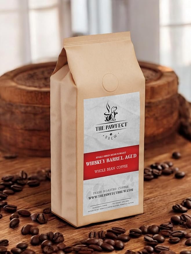 Dog Lover’s Coffee – Whiskey Barrel Aged Coffee | Medium-Light Roast Specialty Grade | Oak &amp Vanilla Notes | Drip Grind 1 lb
