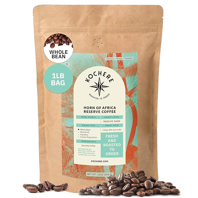 Kochere Horn of Africa Signature Blend Whole Bean Coffee – 1LB – Single Origin Components Freshly Roasted to Order – Artisanal Medium Roast – Bold Complex and Fruity Notes – Organic Farm Direct Sp