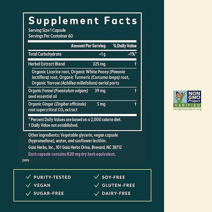 Gaia Herbs Cramp Relief - Herbal Supplement for Period Cramp Relief* - Made with Fennel Seed Licorice Root &amp More - 60 Vegan Liquid Phyto-Caps (60 Servings)