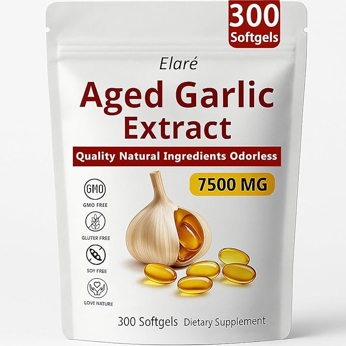 Elare Aged Garlic Extract 7500mg Organic Garlic Capsules Supplement for Supports Immune &amp Heart Health Odorless Non-GMO Gluten-Free Vegetarian 300 Softgels