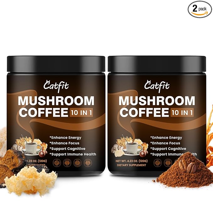 Catfit Instant Mushroom Coffee Powder 10-in-1 Adaptogen Blend with Lion's Mane Chaga &amp Cordyceps for Energy Focus Gut Health &amp Immune Support - 240g 75 Servings