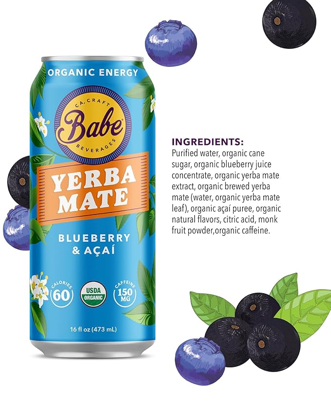 Babe Organic Yerba Mate Energy Drinks | 150mg Plant-Based Caffeine | Natural Yerba Mate Tea with No Crash No Jitters - Variety Pack (12 x 16oz Cans)