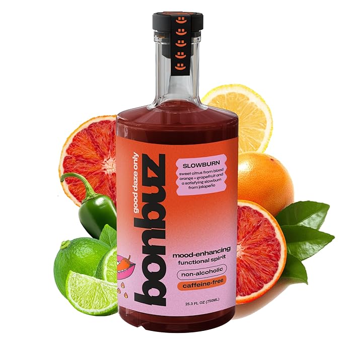 Bonbuz Slowburn Caffeine-Free - Functional Non-Alcoholic Spirit with Nootropics &amp Adaptogens - Spicy Sugar-Free Mocktail Mixer &amp Alcohol Replacement Drink - Low-Calorie Keto Gluten-Free - 75
