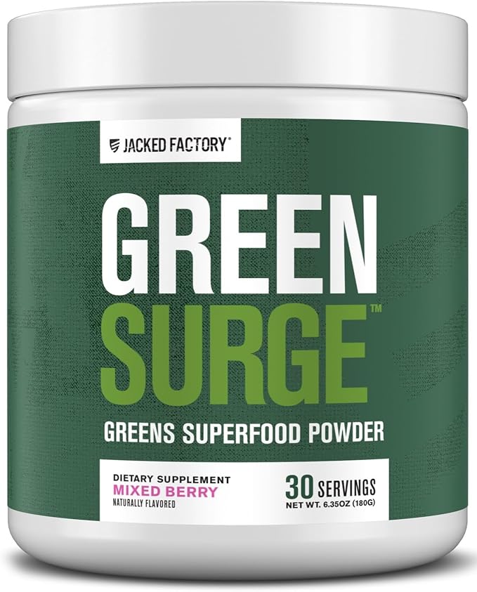 Jacked Factory Green Surge Green Superfood Powder - Keto Friendly Greens Drink w/Spirulina Wheat &amp Barley Grass Organic Greens - Green Tea Extract Probiotics &amp Digestive Enzymes - Mixed Ber
