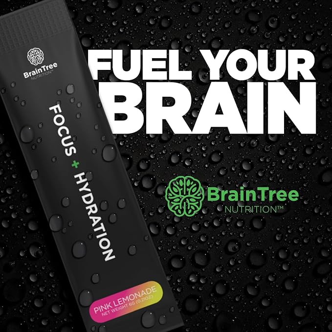 BrainTree Nutrition - Focus + Hydration - Electrolyte Drink Mix - Total Body Hydration - Supports Cognitive Function Energy &amp Muscle Recovery - Sugar Free - Pink Lemonade - 30 Stick Packs