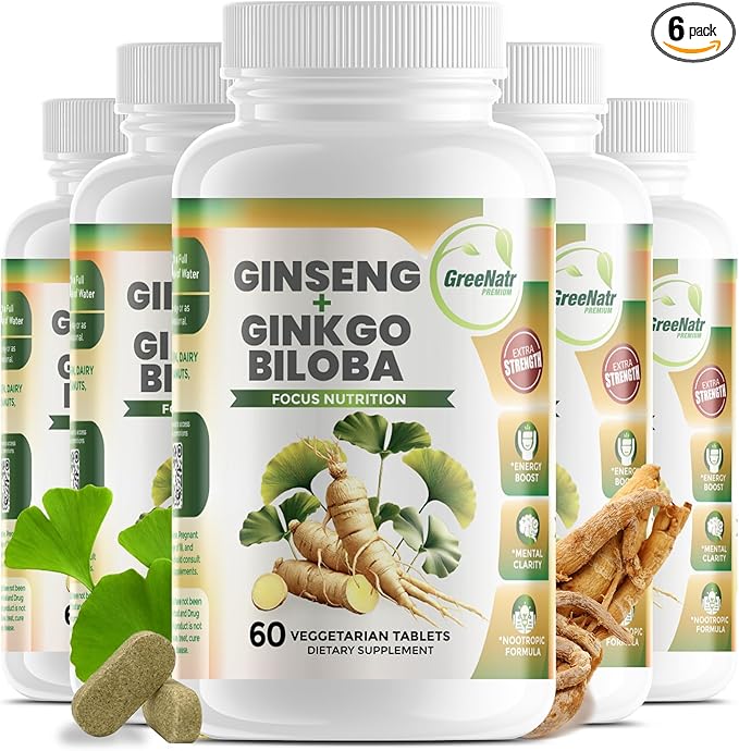 GreeNatr Ginko Biloba &amp Panax Ginseng Supplement - Red Ginseng for Memory and Focus - Ginkgo Biloba for Good Vision Immune System and Improved Blood Flow (360 Tablets: 6 Bottles)
