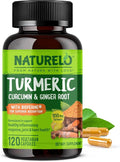 NATURELO Turmeric Curcumin - BioPerine for Better Absorption - Black Pepper Ginger Root Curcuminoids - Plant-Based Joint Discomfort Support - 120 Vegan Capsules
