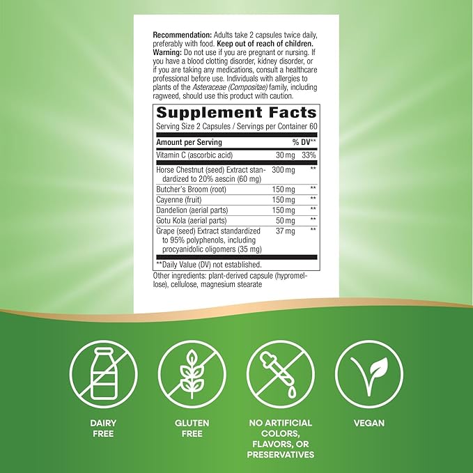 Nature's Way Leg Veins Supports Healthy Leg Vein Strength* 6-Herb Blend With Horse Chestnut Extract Dandelion Gluten Free 120 Vegan Capsules (Packaging May Vary)