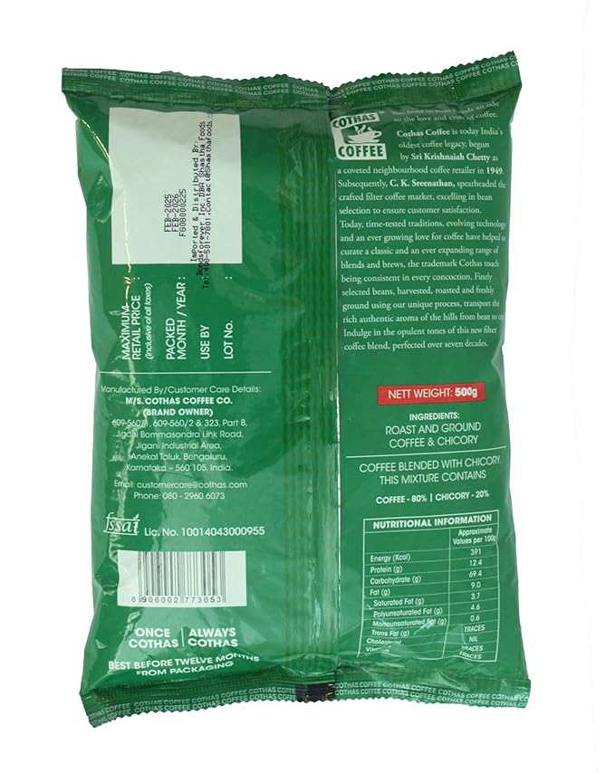 Cothas Strong &amp Aromatic Hotel Blend Filter Coffee Powder - Packs of 2 Each 500g [ Coffee : 80% Chicory : 20%. ]