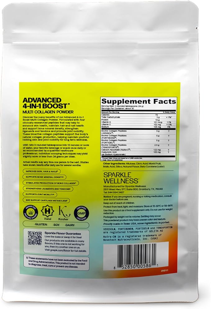 Sparkle Wellness Advanced 4 in 1 Boost | Clinically Tested Multi Collagen Powder with VERISOL FORTIBONE FORTIGEL TENDORFORTE | Skin Bone Joint Health | Tropical