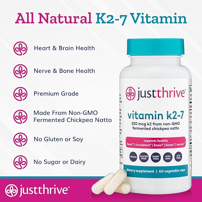 Just Thrive Vitamin K2-7 - Bone Brain and Heart Health K2 Vitamin Supplement 60 Capsules