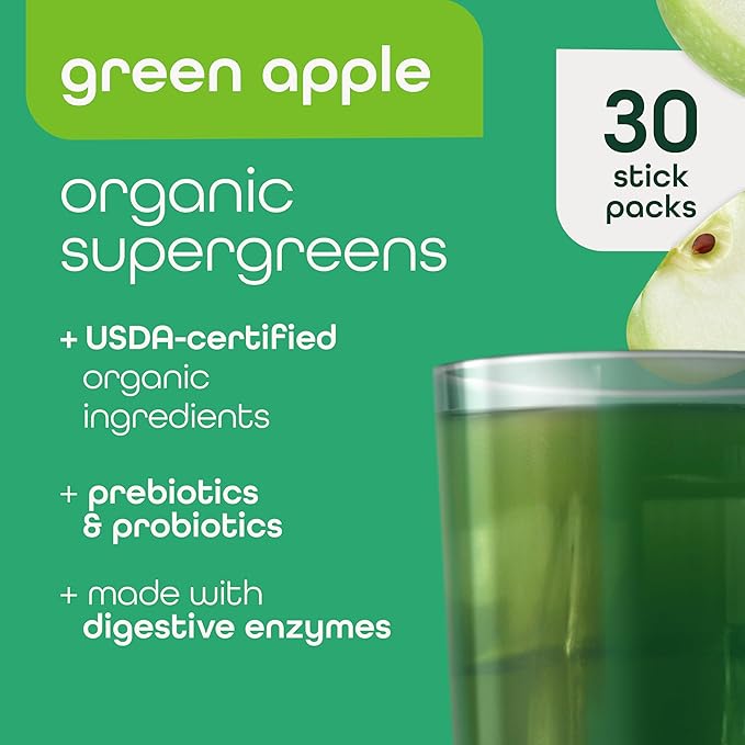 Zena Nutrition Organic Super Greens Powder 70+ Superfoods 0 Sugar 3g Fiber Spirulina Chlorella Mushrooms Prebiotics/Probiotics Digestive Enzymes Gut Health Green Apple 30 Drink Mix Packets