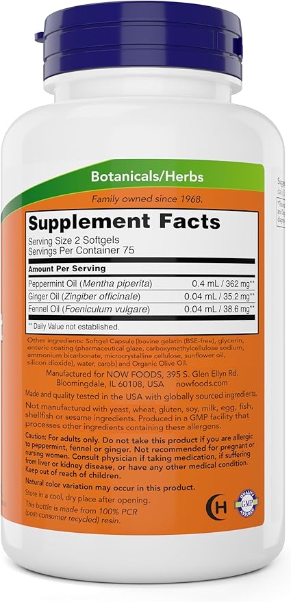 Now Peppermint Gels with Ginger Oil and Fennel Oil 150 Softgels (Pack of 2) Enteric Coated