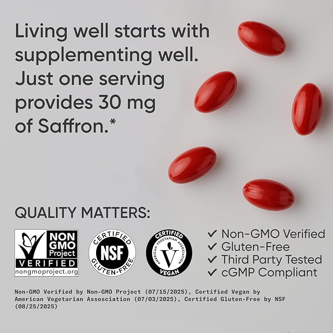 Sports Research® Pure Saffron Supplement 30 mg - Mood &amp Stress Support - Made w/Affron® Saffron Extract - Vegan Certified · Non-GMO · Gluten Free – 60 Veggie Softgels