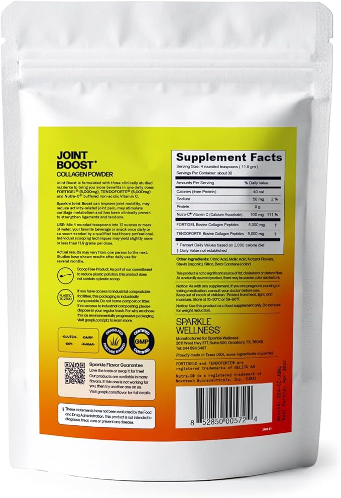 Sparkle Wellness FORTIGEL &amp TENDOFORTE Collagen Peptides | Collagen Powder with Calcium Ascorbate Vitamin C to Support Joint Mobility Tendon &amp Ligament Health | Joint Boost (Tropical) [30-Ser