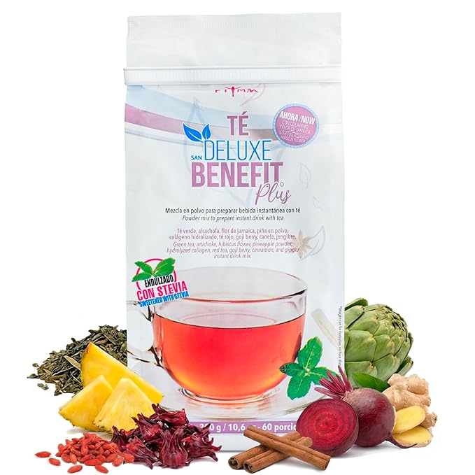 Té Deluxe Benefit Plus – Premium Herbal Tea Blend with Green &amp Red Tea Ginger Artichoke Hibiscus &amp Spices. Natural Flavor Stevia Sweetened - 60 Servings