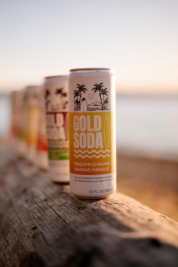 Gold Soda - Natural Ingredients - Organic Cane Sugar - Non-GMO - No Preservatives - Monk Fruit - Sparkling Water - Made with Natural and Organic Flavors 12 Fl Oz (24 Pack) (24 Pack Pineapple Mango)