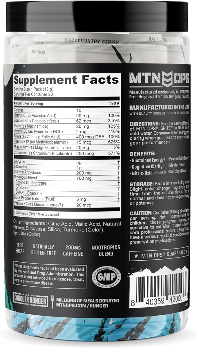 MTN OPS Ignite Sugar Free Energy Drink Powder Trail Packs with 200mg Caffeine Travel Pre Workout Packets for to-Go Energy Nootropic Blend L Arginine &amp L Citrulline 20 Servings Hush Summit Sur