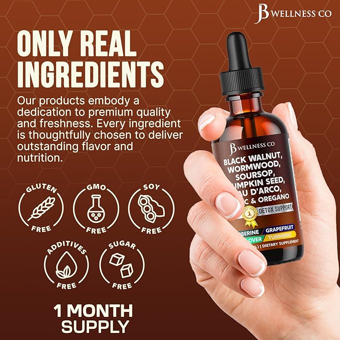 Wormwood Black Walnut Cleanse for Humans Drops Liquid Soursop Garlic Pumpkin Seed PAU D'Arco Oil of Oregano Turmeric Berberine Neem Extract Hull Bark Tincture - 6 oz