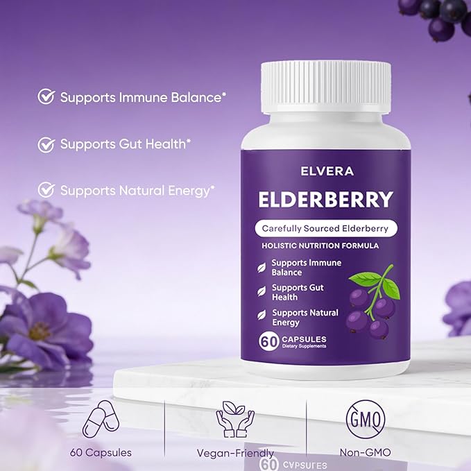 Elvera Elderberry Gut Support Complex - Organic Black Elderberry Soft Capsules with Zinc &amp Vitamin C – Immune Support Digestive Balance Natural Energy Daily Immune &amp Digestive Wellness 60