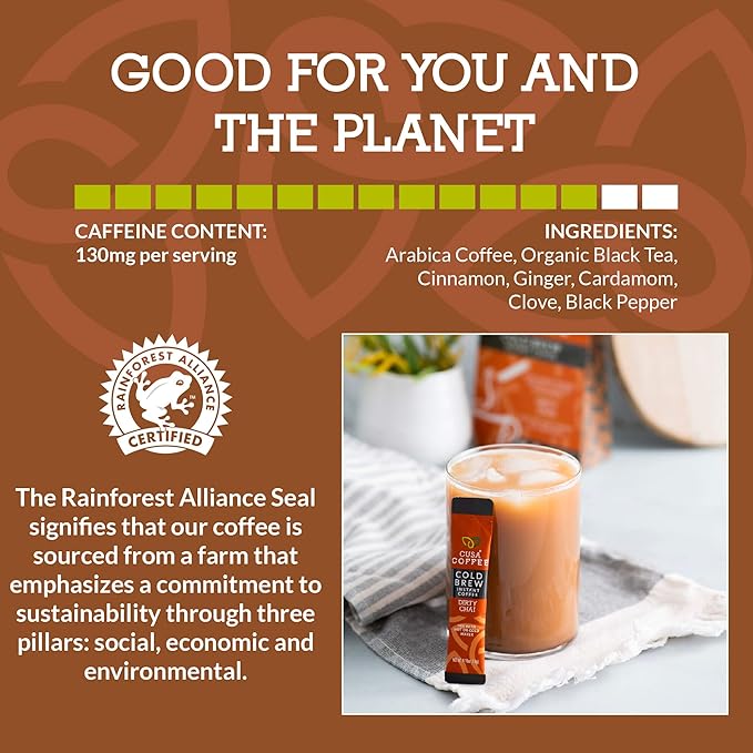 Cusa Tea &amp Coffee Dirty Chai Cold Brew. Premium Instant Coffee Rainforest Alliance Certified Arabica Beans. Drink Mix Packets Ready in Seconds Makes Hot or Iced Coffee (30 Servings)