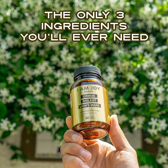 I Am Joy co. Ormus Shilajit Lion's Mane - Ultimate Brain Power! Monoatomic 24k Gold - The Only Blend of Its Kind for Energy Memory &amp Focus - 60 Vegan Capsules
