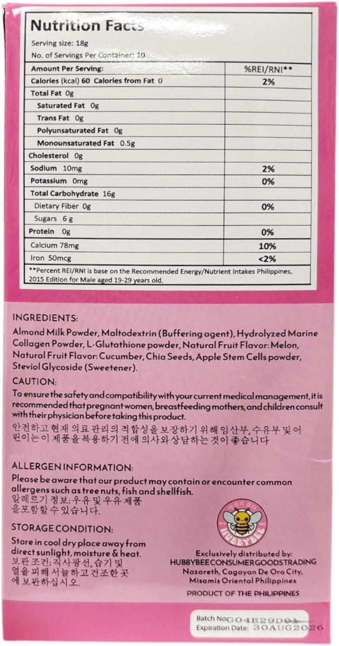 Hubby Bee Melon &amp Cucumber Premium Collagen Booster Mix - 50000 MG Korean Hydrolyzed Marine Collagen with Japanese L-Glutathione &amp Apple Stem Cells - 10 Sachets (18g Each)